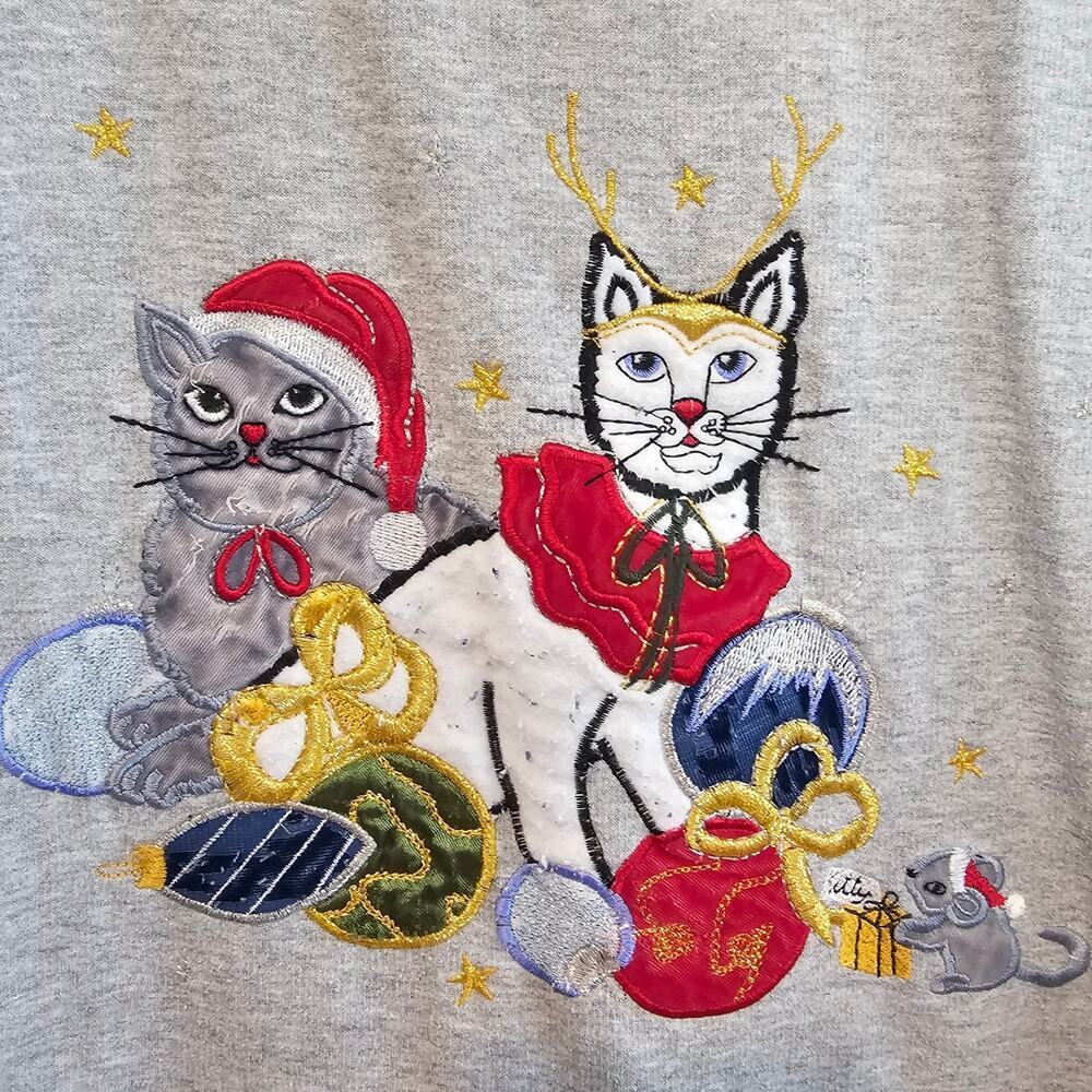 Vintage Cat Sweatshirt Women XL Gray 90s Christmas Kitten Embroidered Granny - Picture 2 of 10